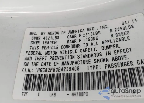 2014 Honda Accord Ex-L z USA, uszkodzony, nr VIN 1HGCR2F83EA209408